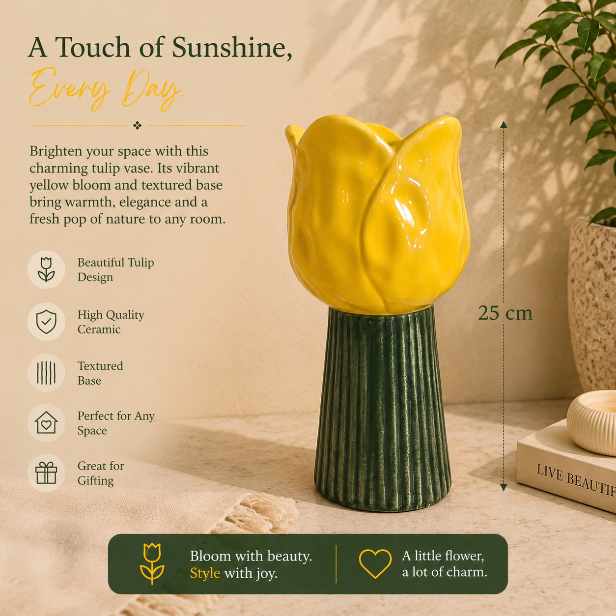 Sunshine Tulip Ceramic Statement Vase – 25 cm