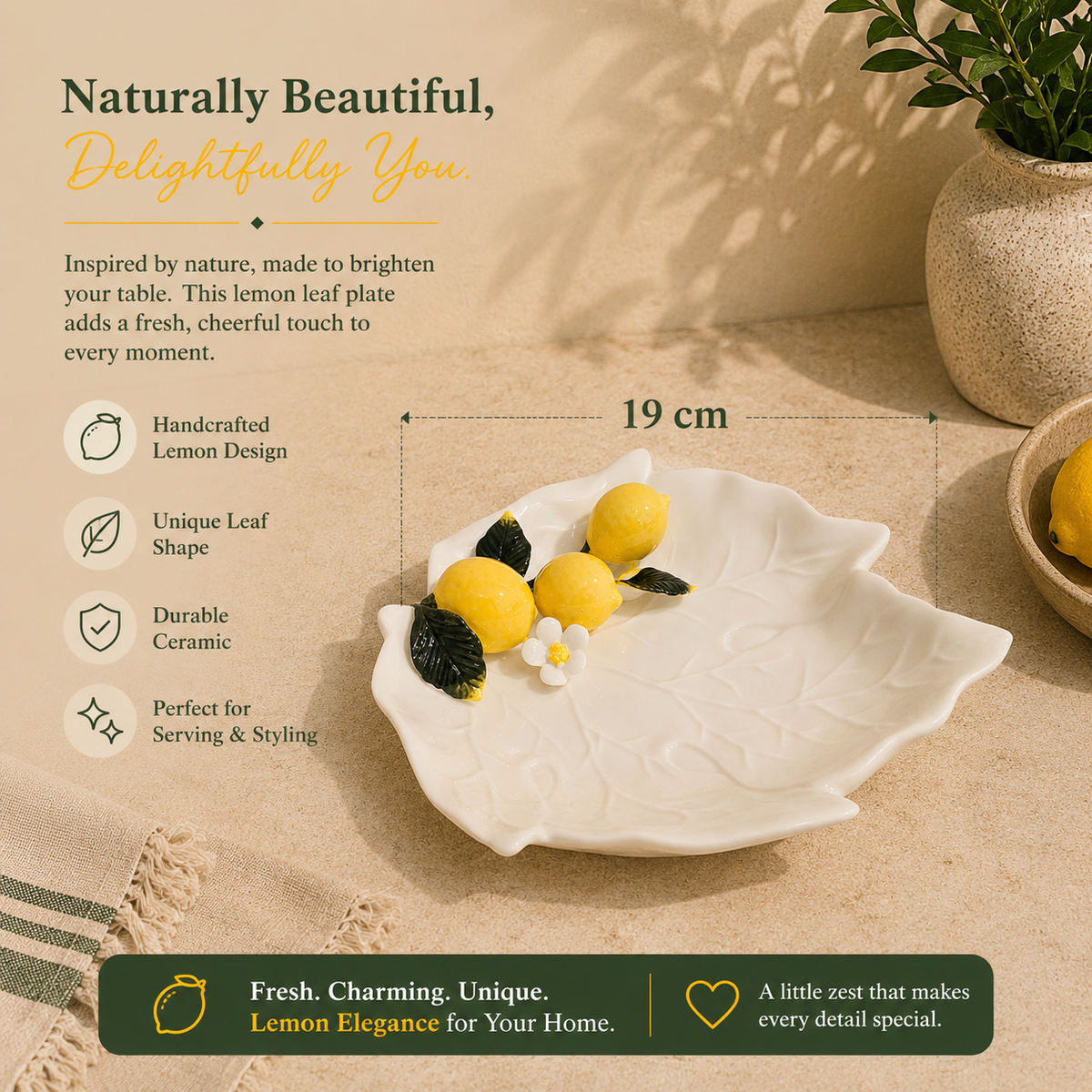 Lemon Garden Leaf-Shaped Ceramic Plate – 19 cm