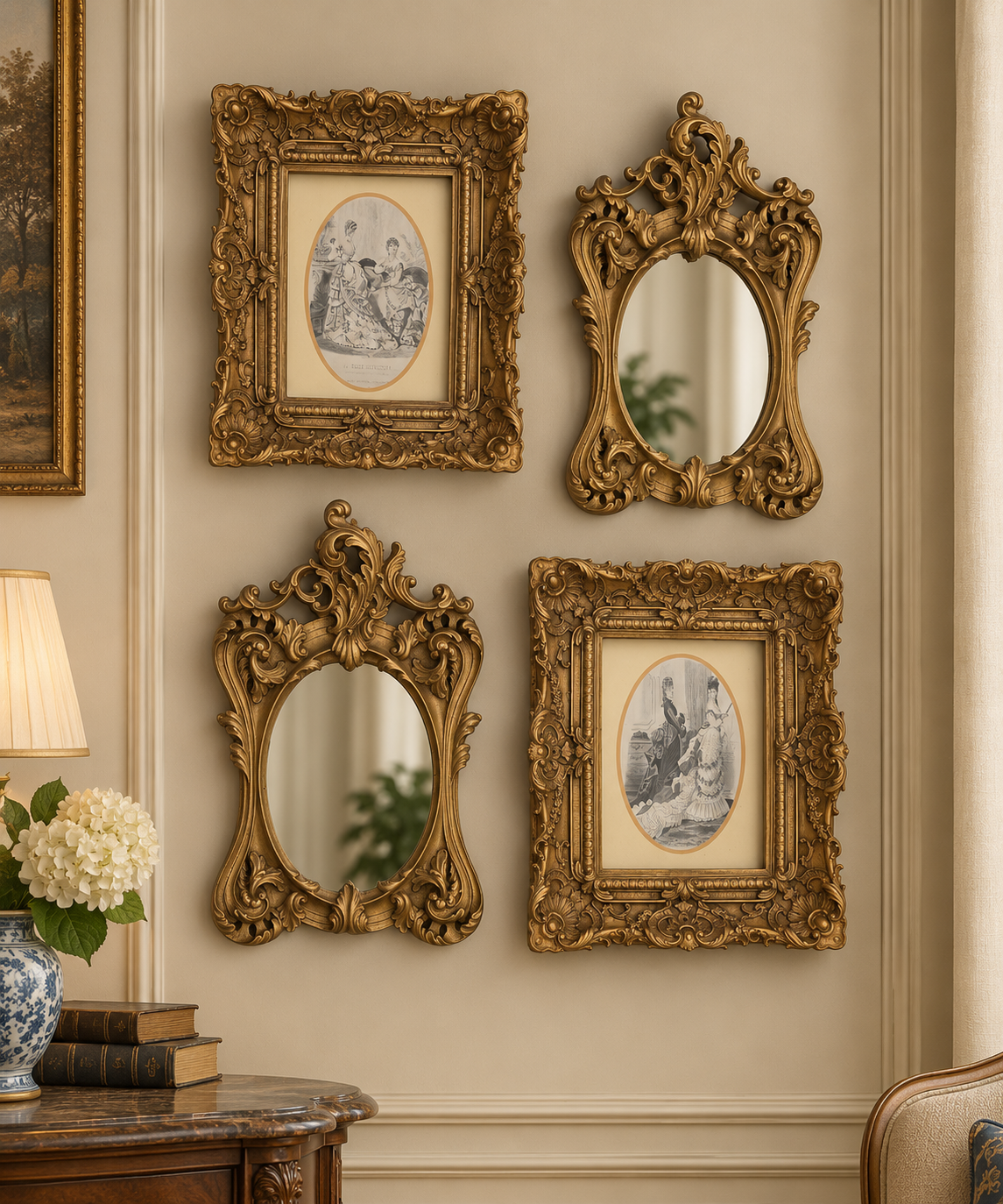 The Charm of Old-World Elegance | Ornate Gold Resin Frames & Mirrors set - R1234