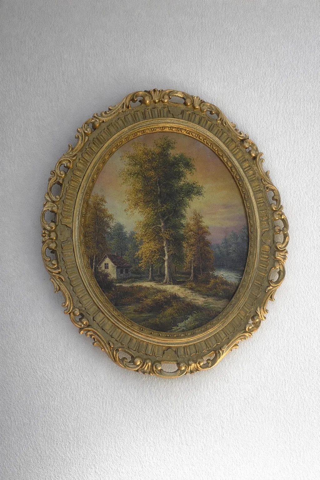 Vintage Oval Landscape Painting in Ornate Gold Frame