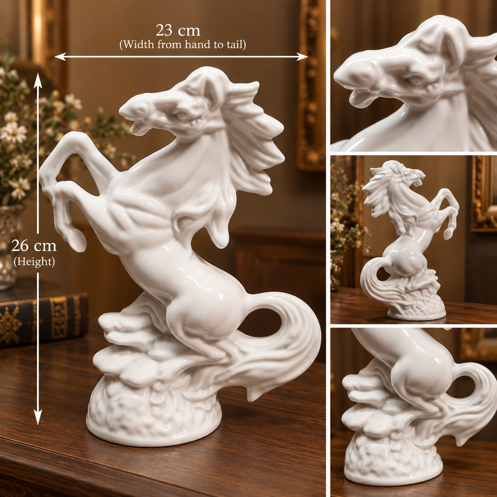 Vintage White Porcelain Rearing Horse Statue – Dynamic Mid-Century Stallion Figurine
