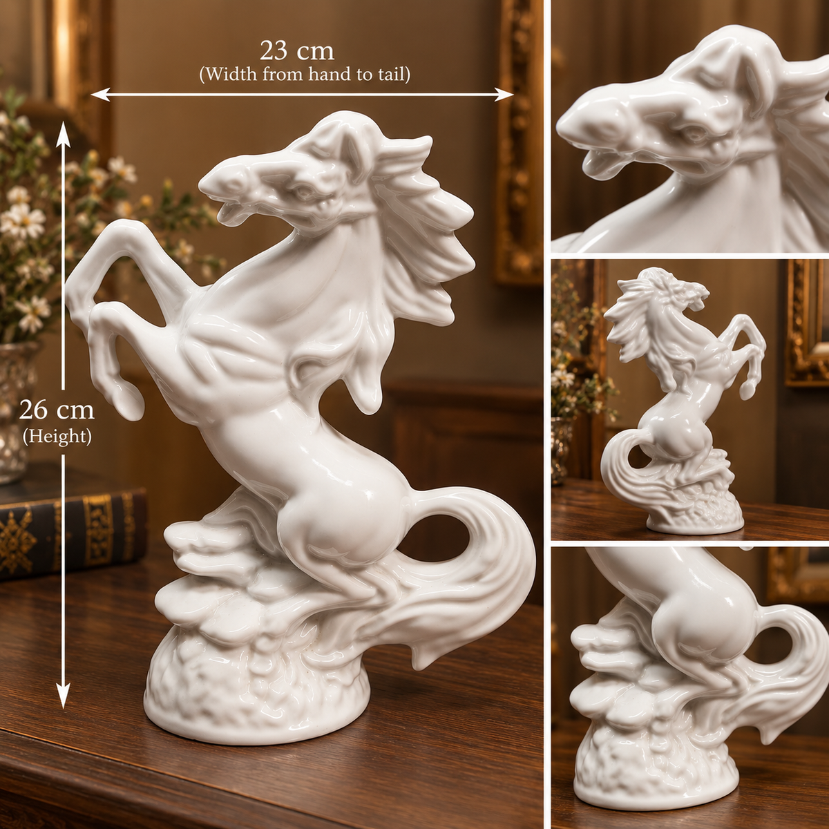 Vintage White Porcelain Rearing Horse Statue – Dynamic Mid-Century Stallion Figurine