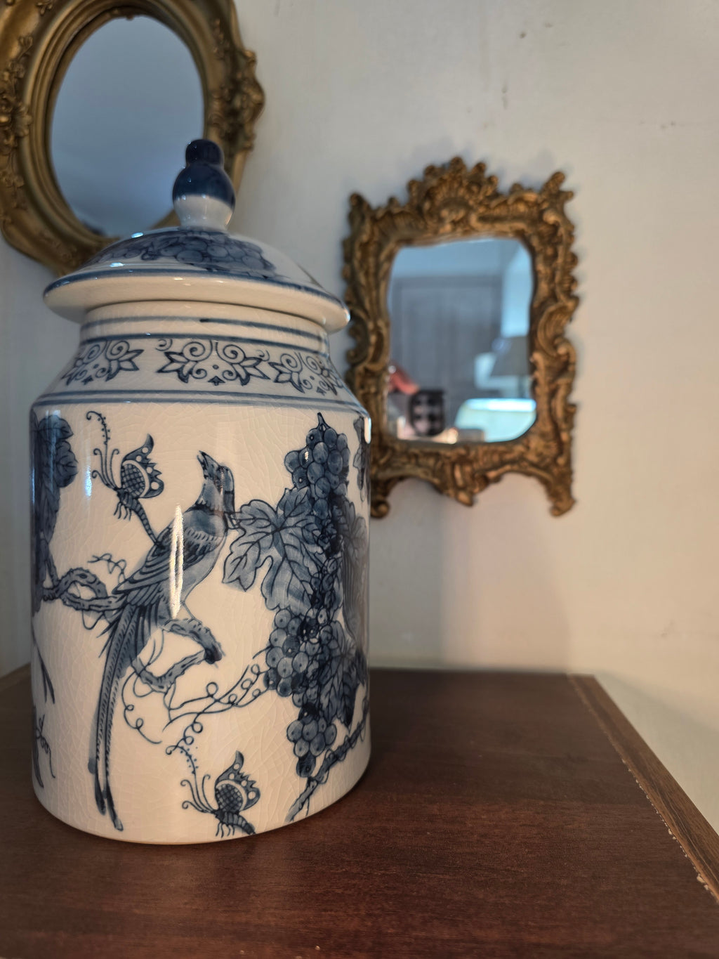 Bleu Blanc Porcelain Lidded Jar – Bird & Vineyard Motif