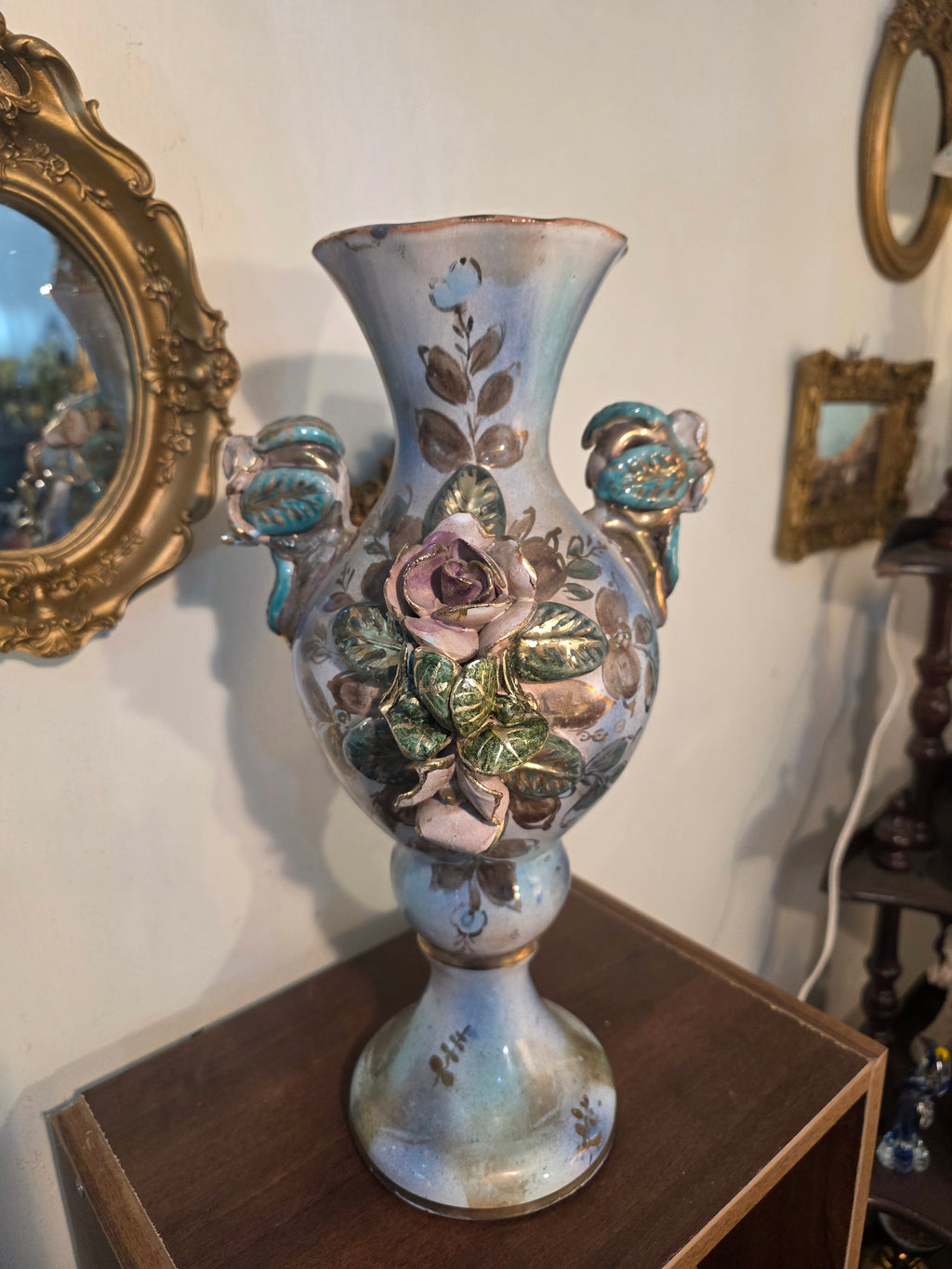 Vintage Hand-Painted Floral Relief Vase with Sculpted Rose Motif