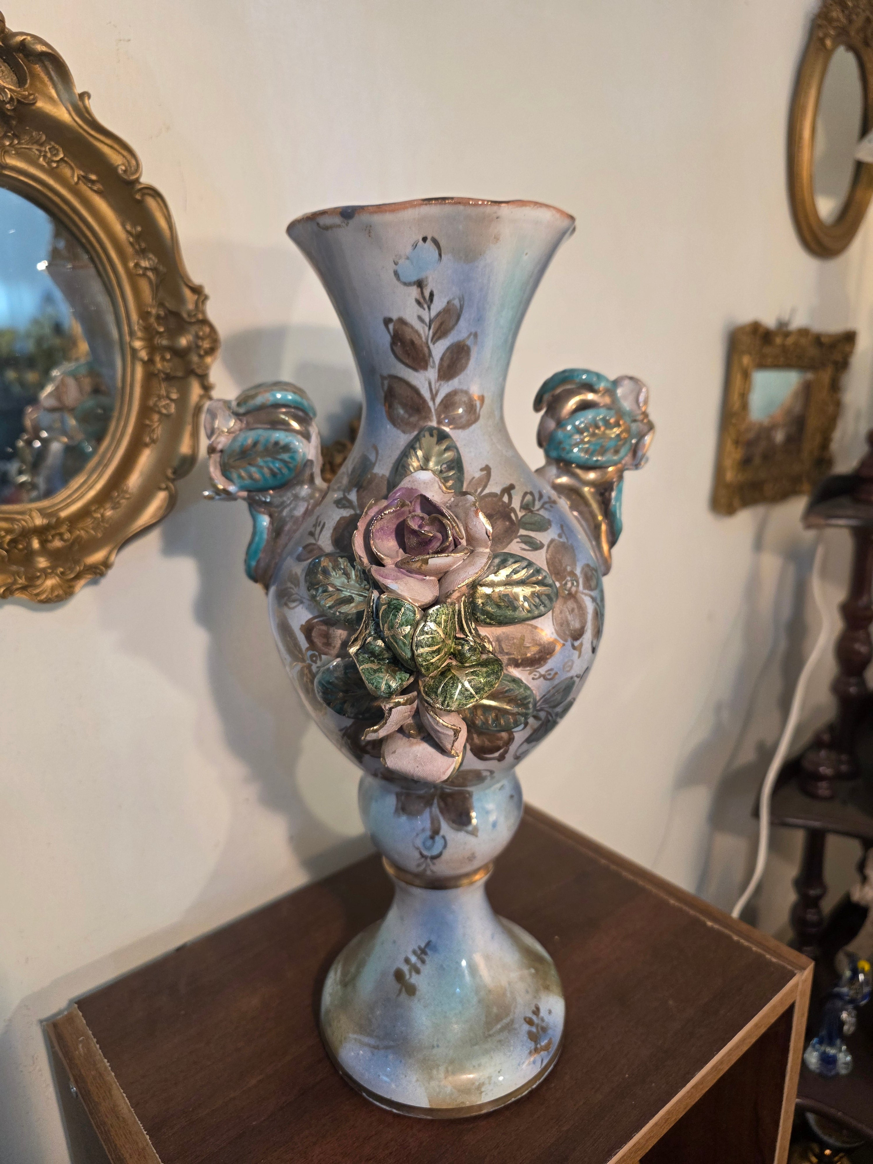 Vintage Hand-Painted Floral Relief Vase with Sculpted Rose Motif