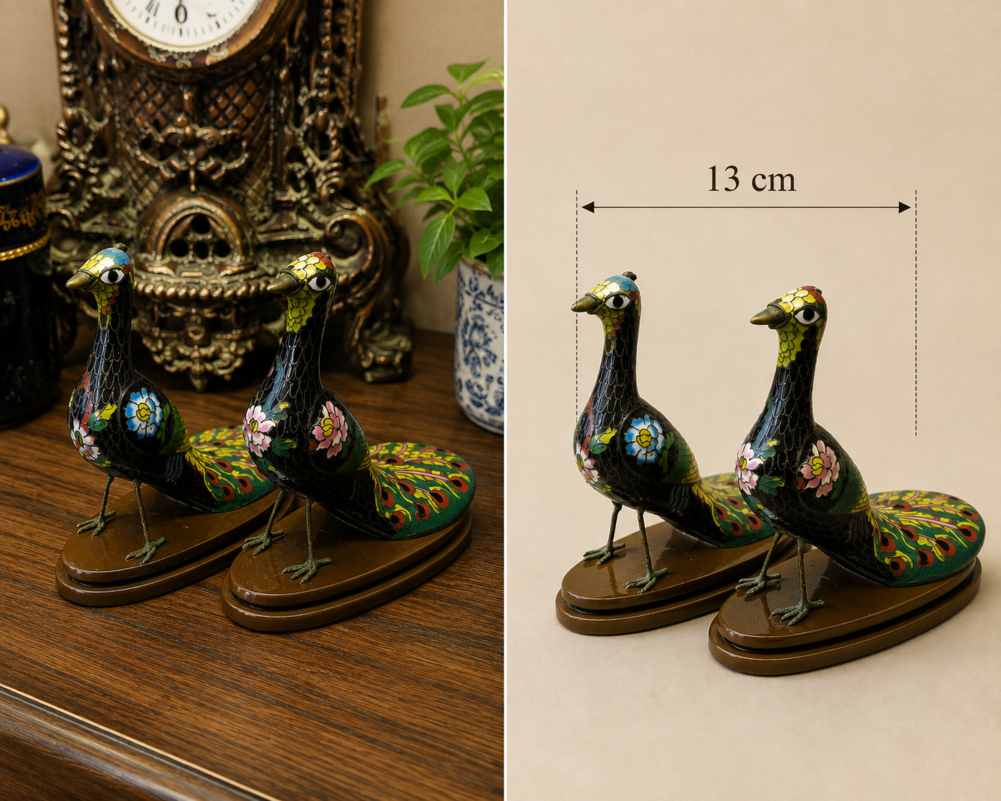Vintage Chinese Cloisonné Enamel Peacock Figurines (Pair)