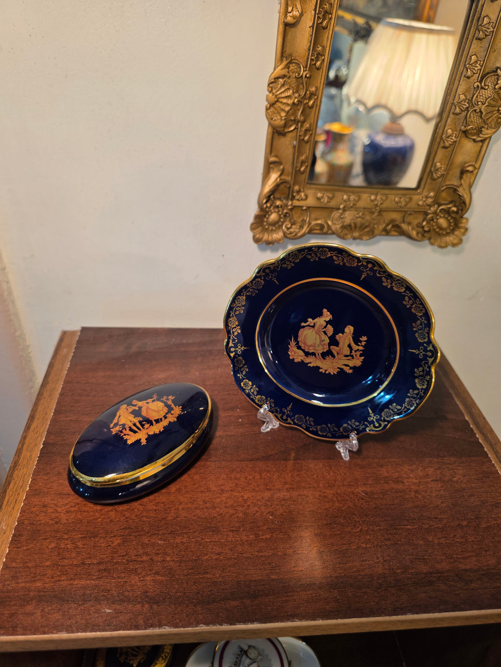Vintage Cobalt Blue & Gold Porcelain Set – Romantic Cameo Design