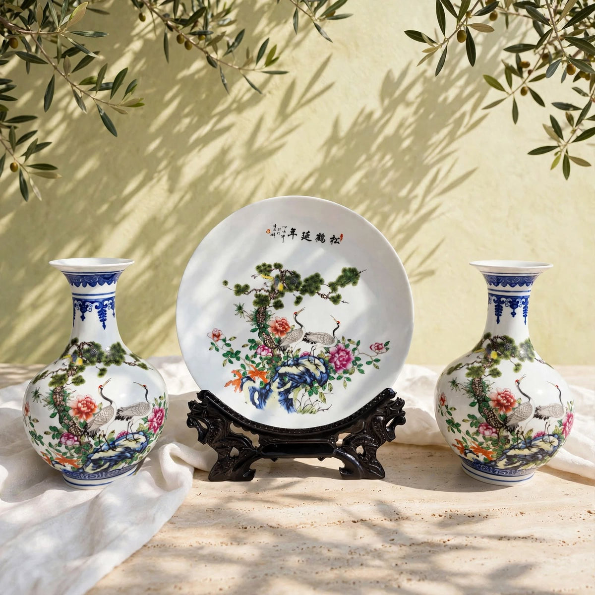 3-Piece Chinese Porcelain Set Vase Pair & Plate with Stand Cranes & Pine Motif
