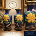 Pair of Vintage Cloisonné Cobalt Blue Vases 23cm – Yellow Peonies & Wood Stands
