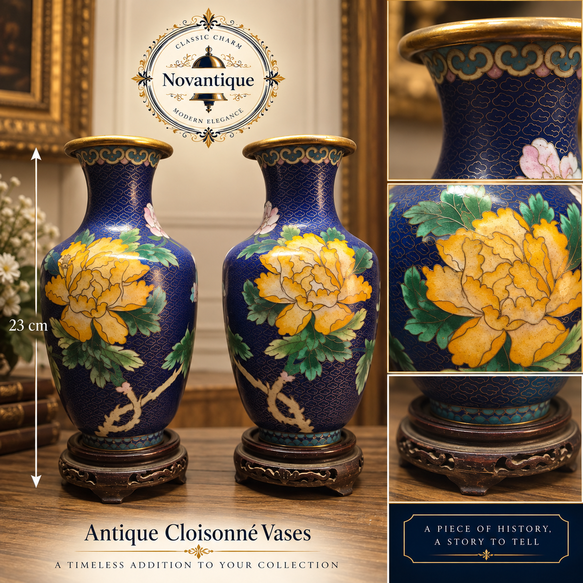 Pair of Vintage Cloisonné Cobalt Blue Vases 23cm – Yellow Peonies & Wood Stands