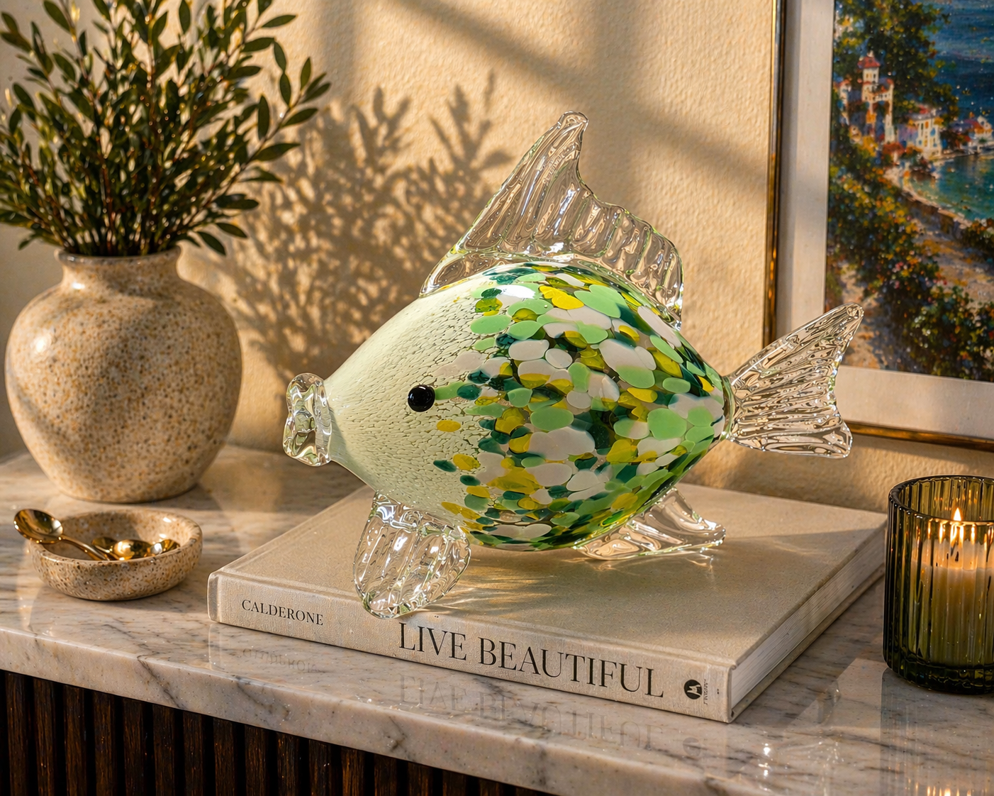 Murano Green & White Art Glass Fish
