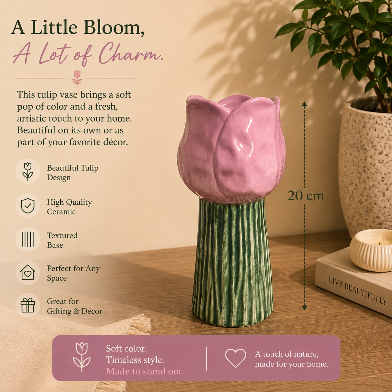 Blush Tulip Ceramic Accent Vase – 20 cm