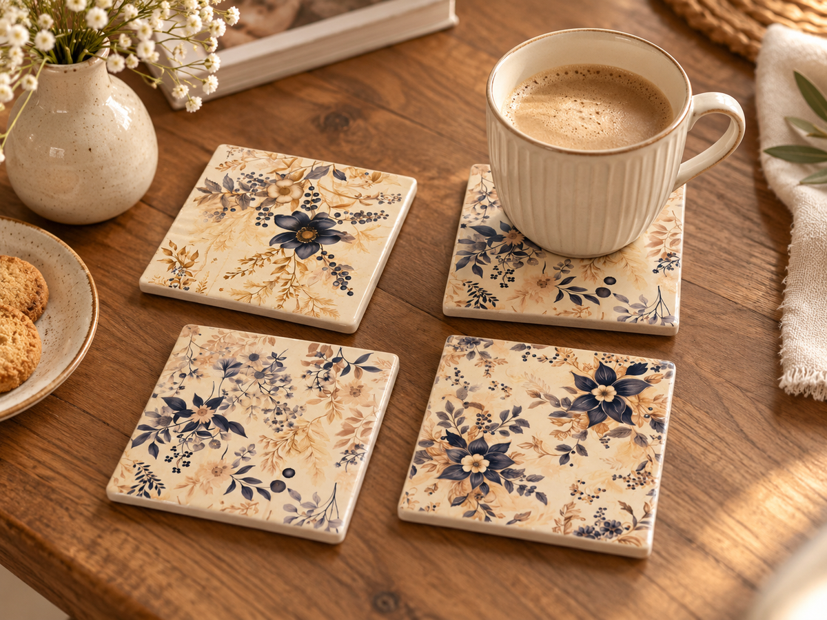 Vintage Blue Floral Coaster Set