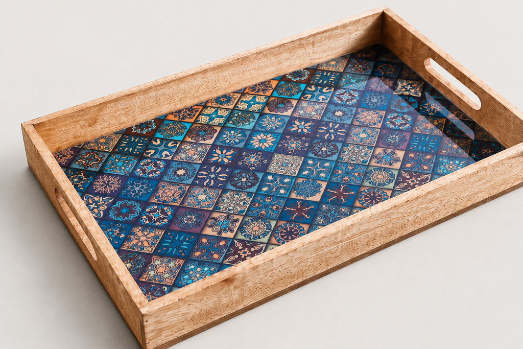 Mosaic-Inspired Wooden Serving Tray – 45 × 30 cm