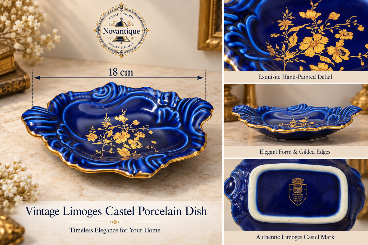 Vintage Limoges Castel France Cobalt Blue Scalloped Trinket Dish, 22K Gold Floral Porcelain vanity Bowl
