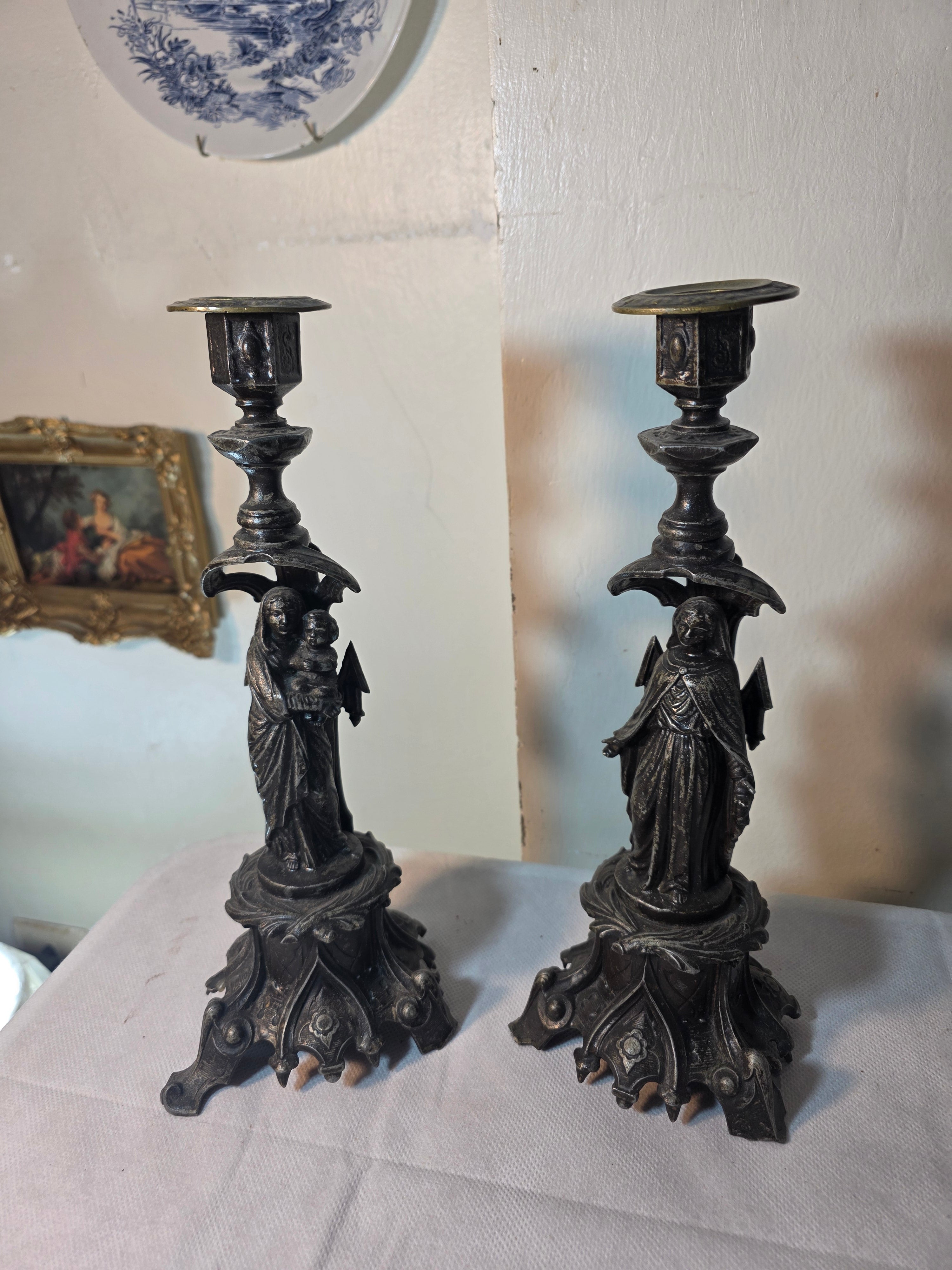 Antique French Gothic Angel Candlestick Pair