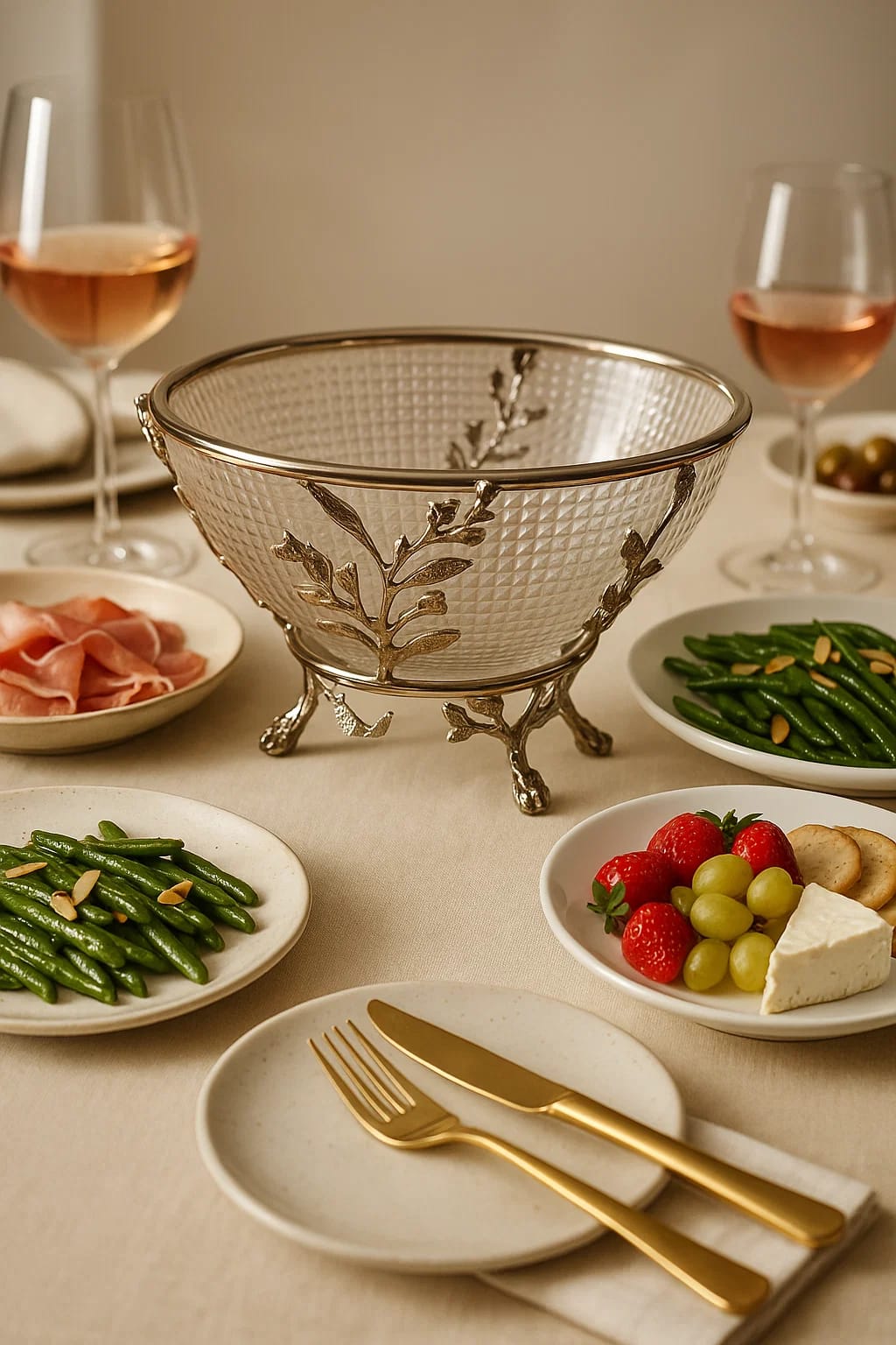 Textured Glass Serving Bowl with Copper Vine Stand — For elegant Serving