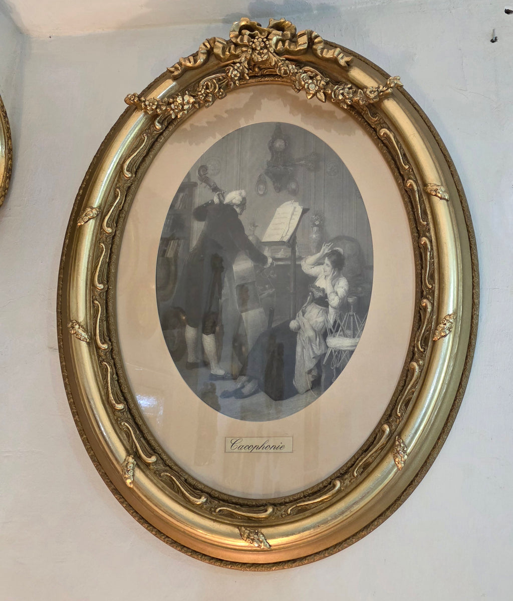 Ornate Oval Gravure Wall Plaque — Gold Frame with Vintage Scene
