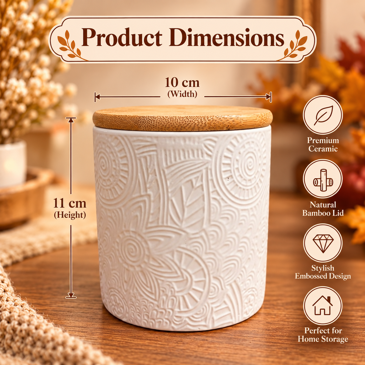 Embossed White Ceramic Storage Canister with Natural Bamboo Lid