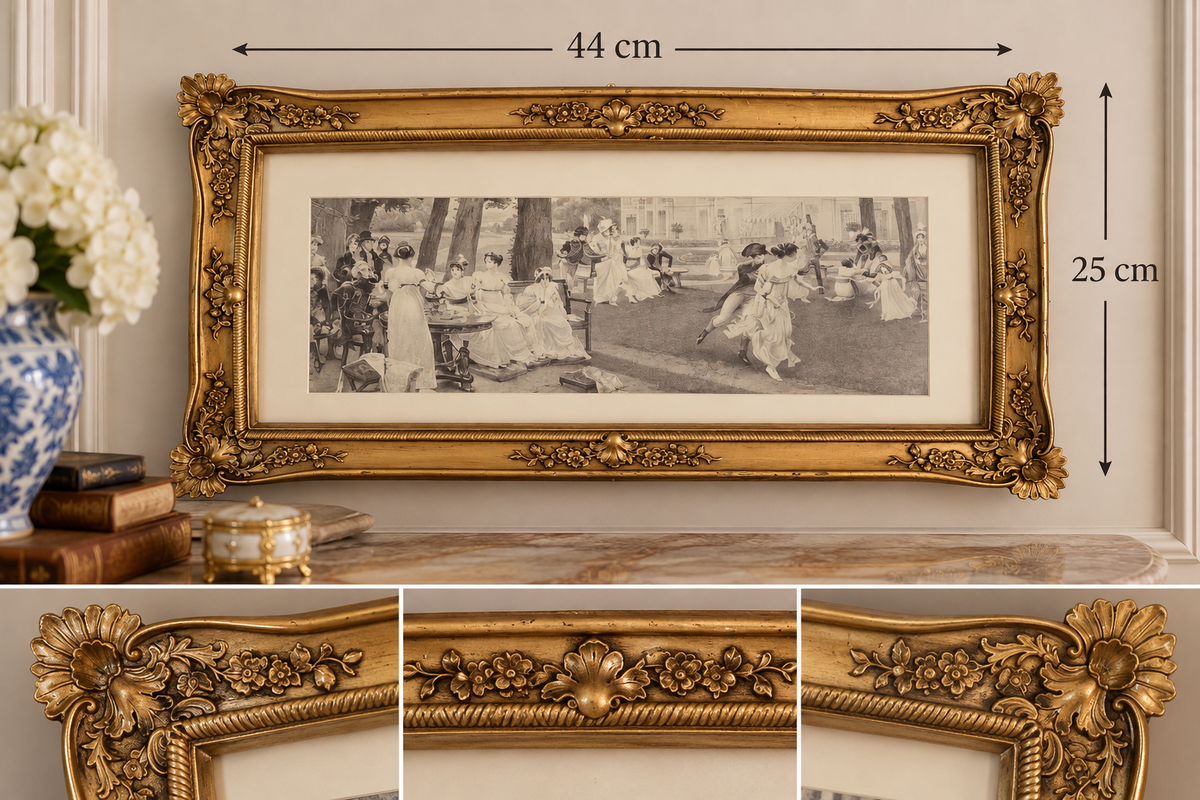 Ornate Antique-Gold Resin Frame with Elegant Garden Gathering Scene