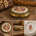 Vintage Limoges France Porcelain Covered Trinket Box – Fragonard Courting Couple - Green & Gold
