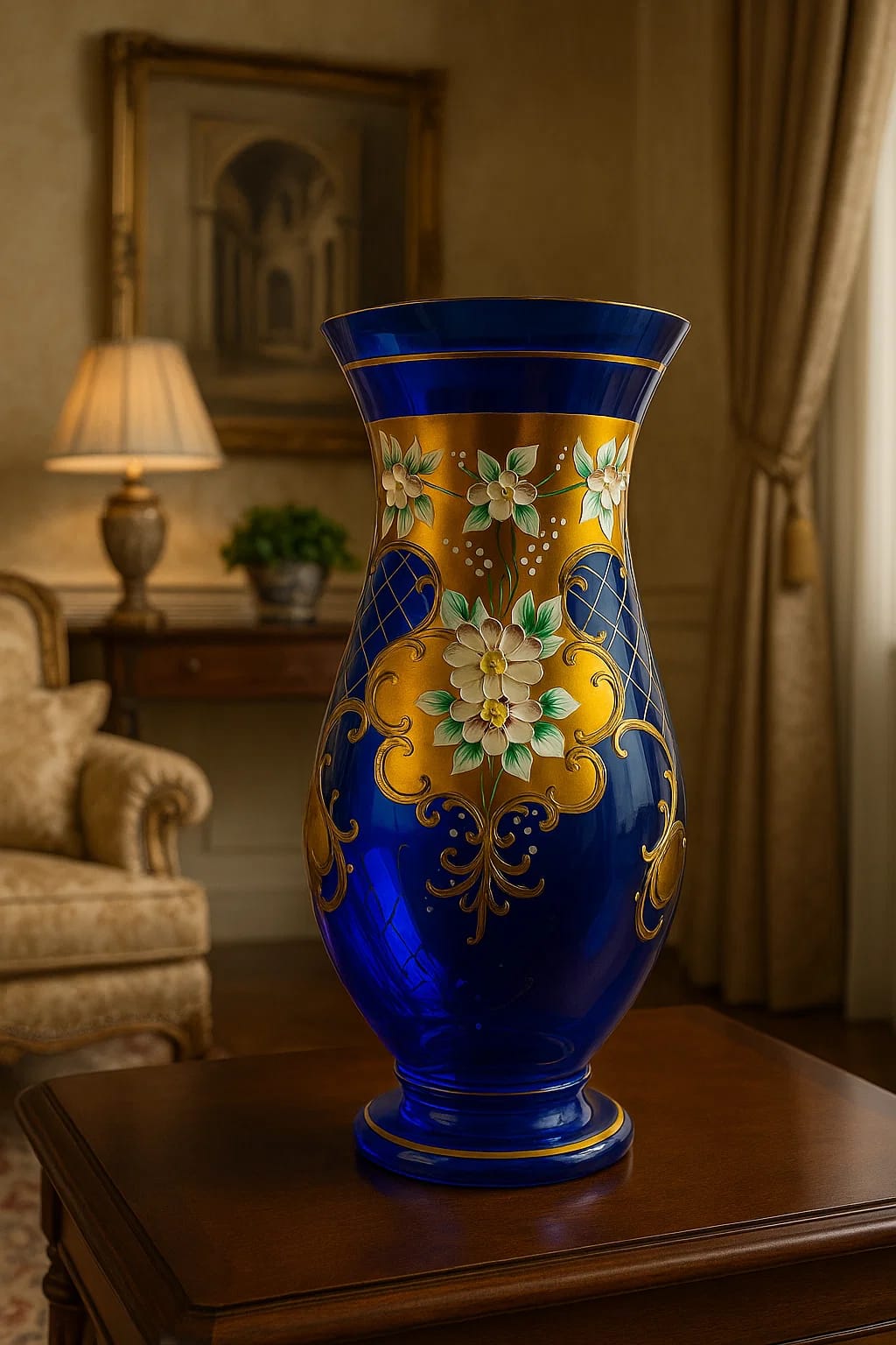Bohemian vases, featuring rich cobalt blue glass with ornate gold and white floral enamel.