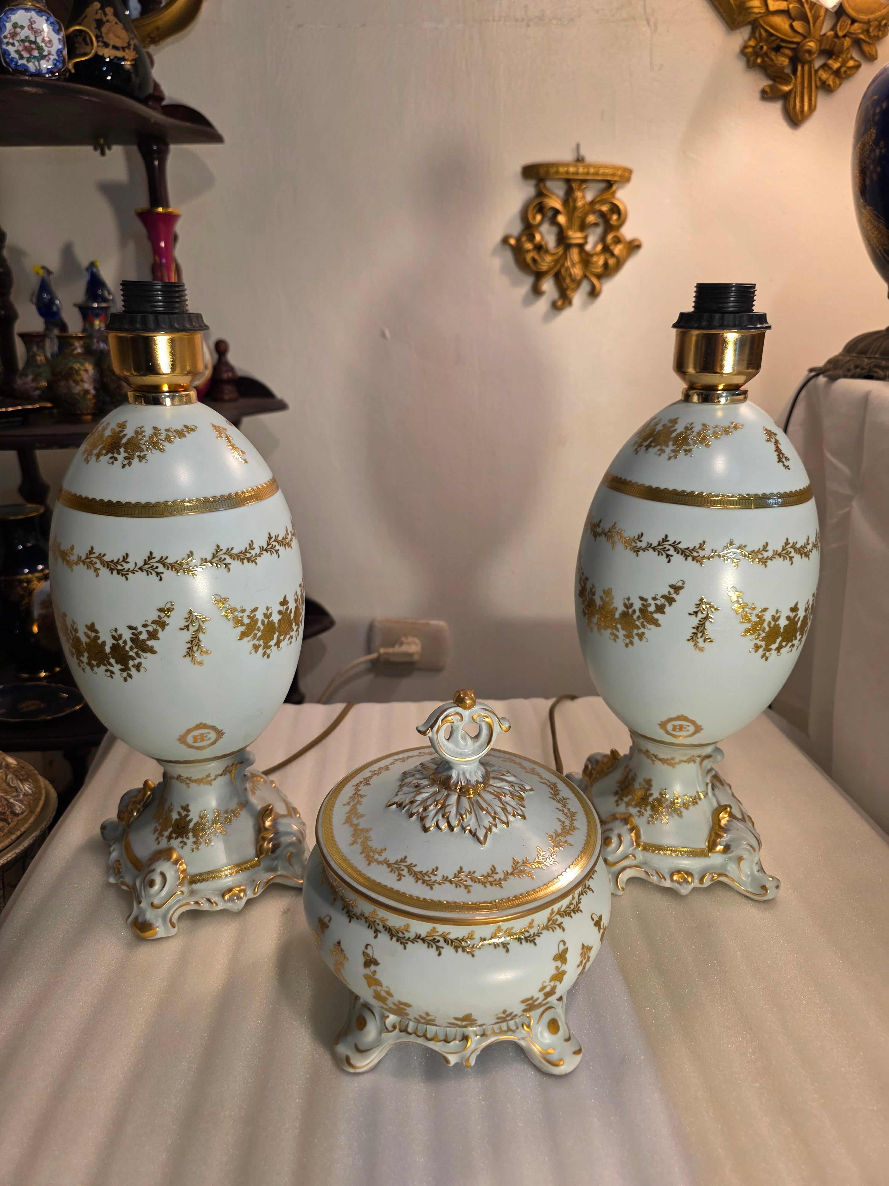Bernadotte Limoges Style Porcelain Table Lamp Set with Bonbonnière