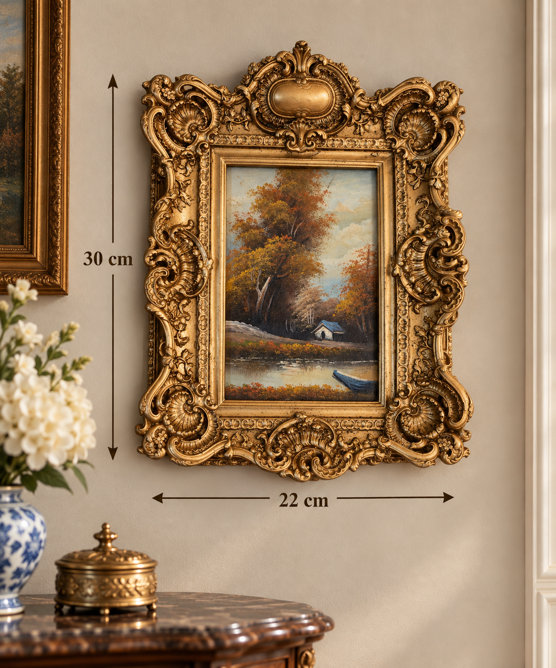 Vintage Autumn Landscape Oil Painting in Ornate Gold Frame