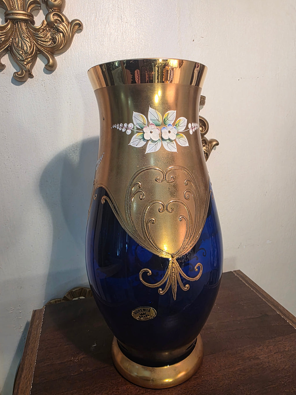 Bohemian Cobalt Glass Vase with Gold Detailing