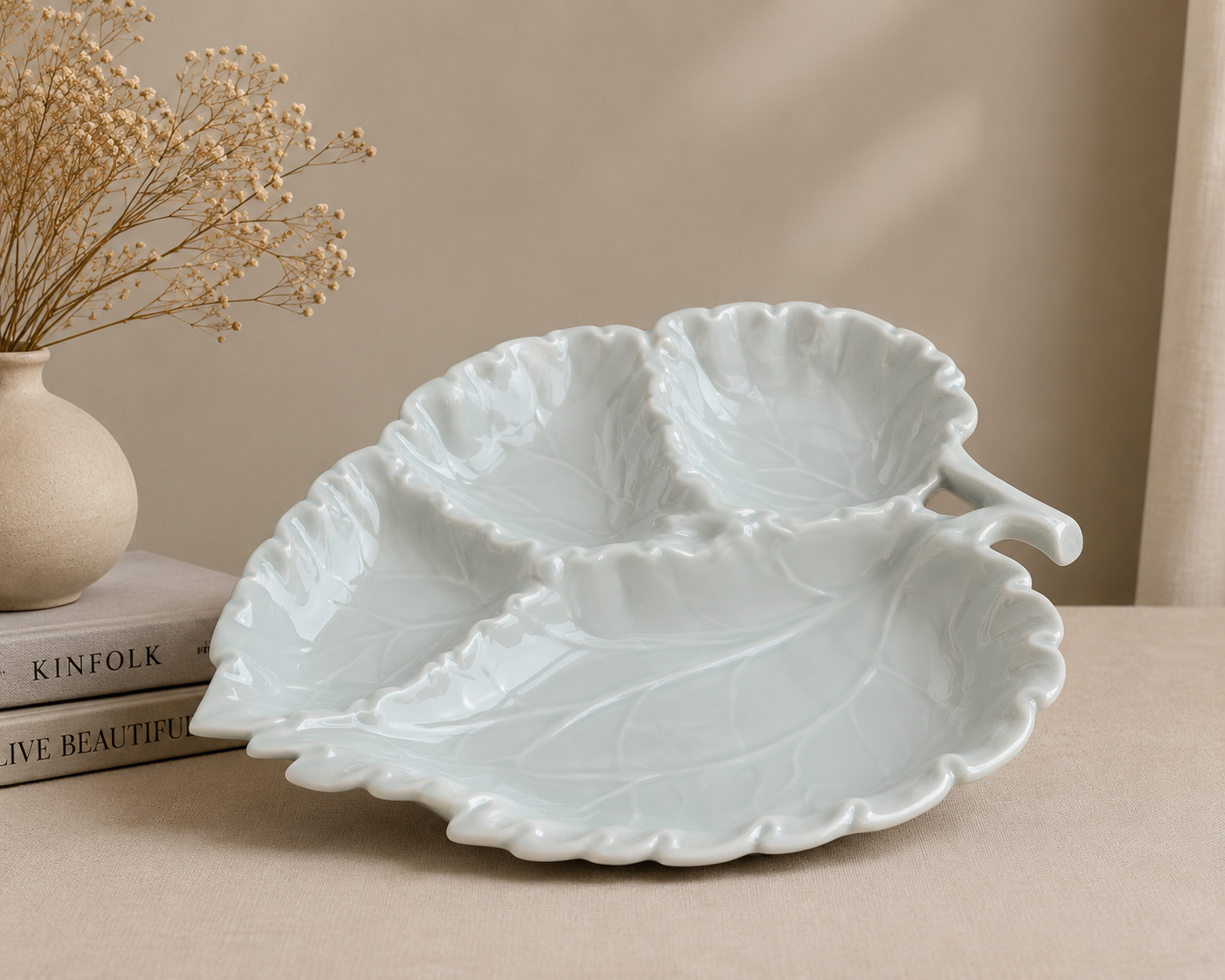 Mint Green Celadon Leaf Divided Plate
