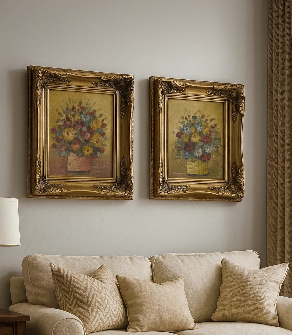 A pair of vintage-style framed floral bouquet prints in ornate gold frames. Rich, warm tones ...