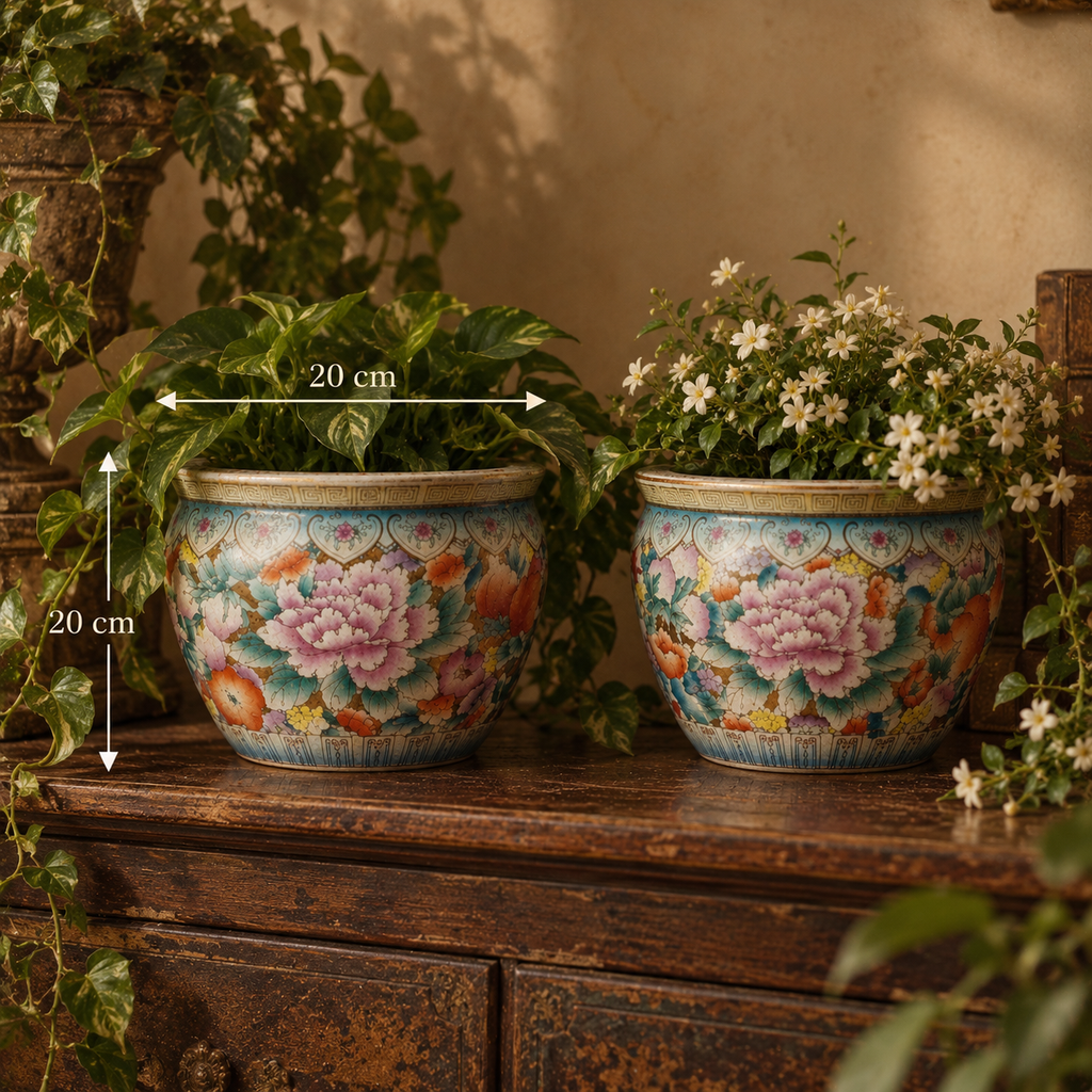 Vintage Chinoiserie Mille-Fleurs Porcelain Fishbowl Planters - A Pair