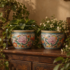 Vintage Chinoiserie Mille-Fleurs Porcelain Fishbowl Planters - A Pair