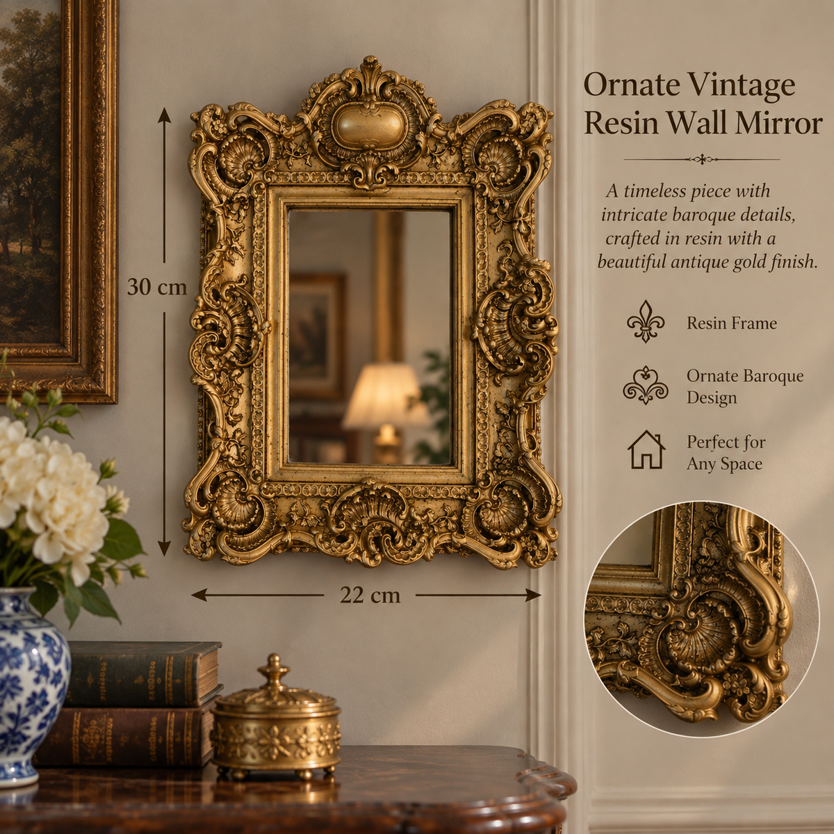 Ornate Baroque-Style Gold Resin Wall Mirror