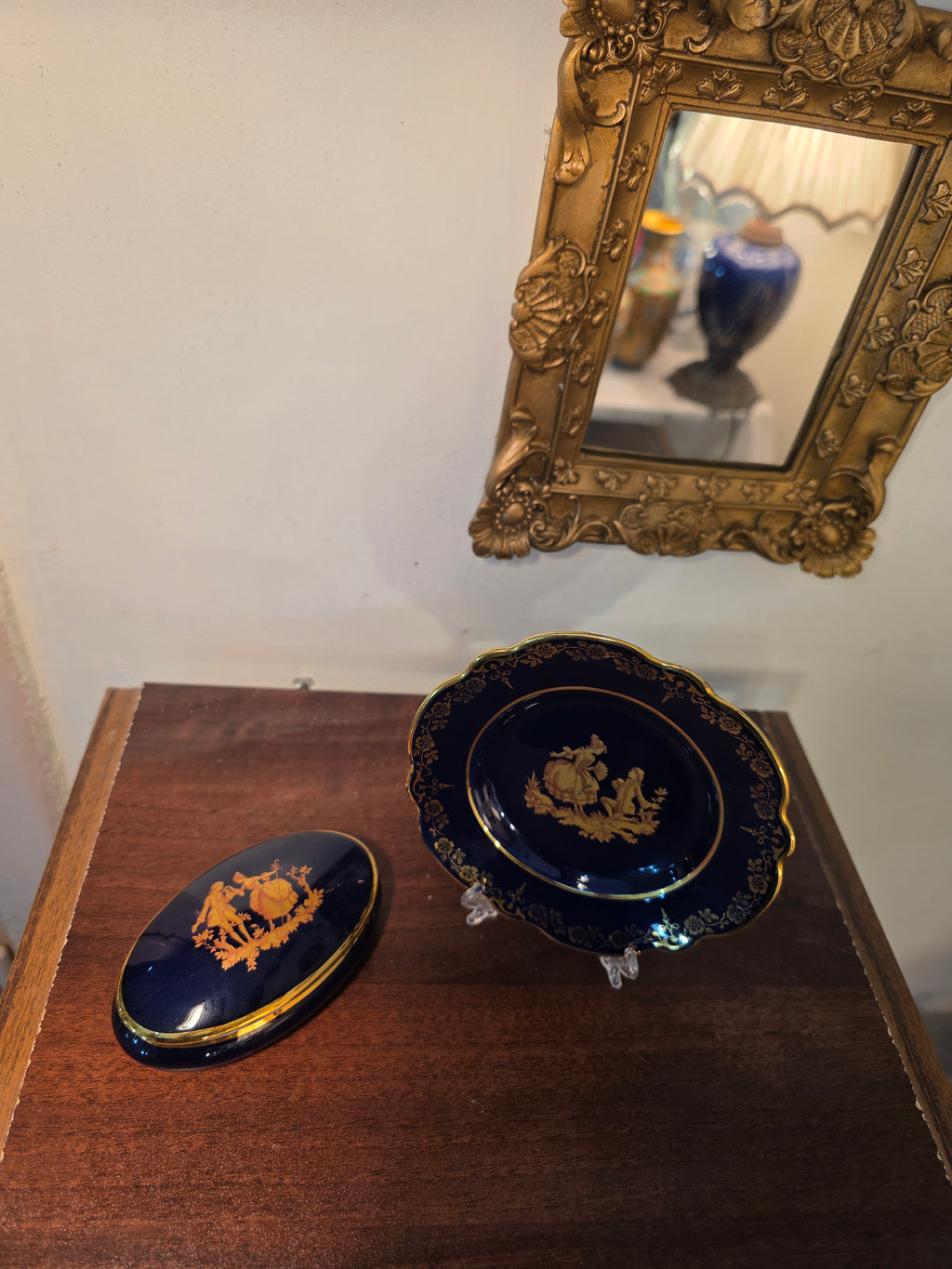 Vintage Cobalt Blue & Gold Porcelain Set – Romantic Cameo Design