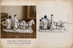 Vintage Blue and White Porcelain 4-Horse Drawn Carriage Figurine – Gilded Rococo Court Scene
