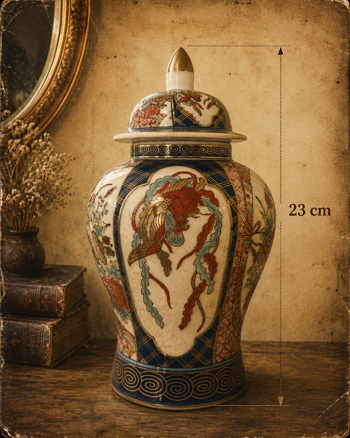 Vintage Imari Style Porcelain Temple Jar – Large Phoenix Covered Ginger Urn