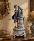 Vintage Capodimonte Style Glazed Blue & White Gentleman at the Well Porcelain Figurine