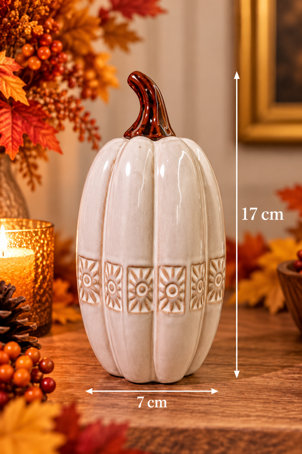 Tall Ivory Ceramic Pumpkin with Embossed Floral Detail