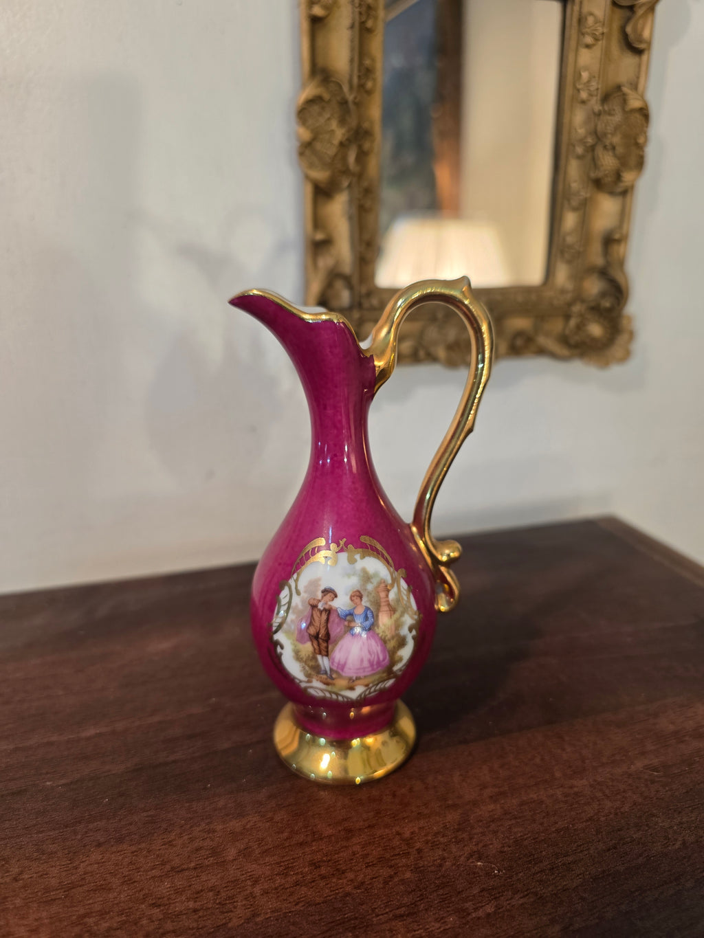 Vintage Limoges France Hand-Painted Mini Ewer – Burgundy & Gold Romance Scene