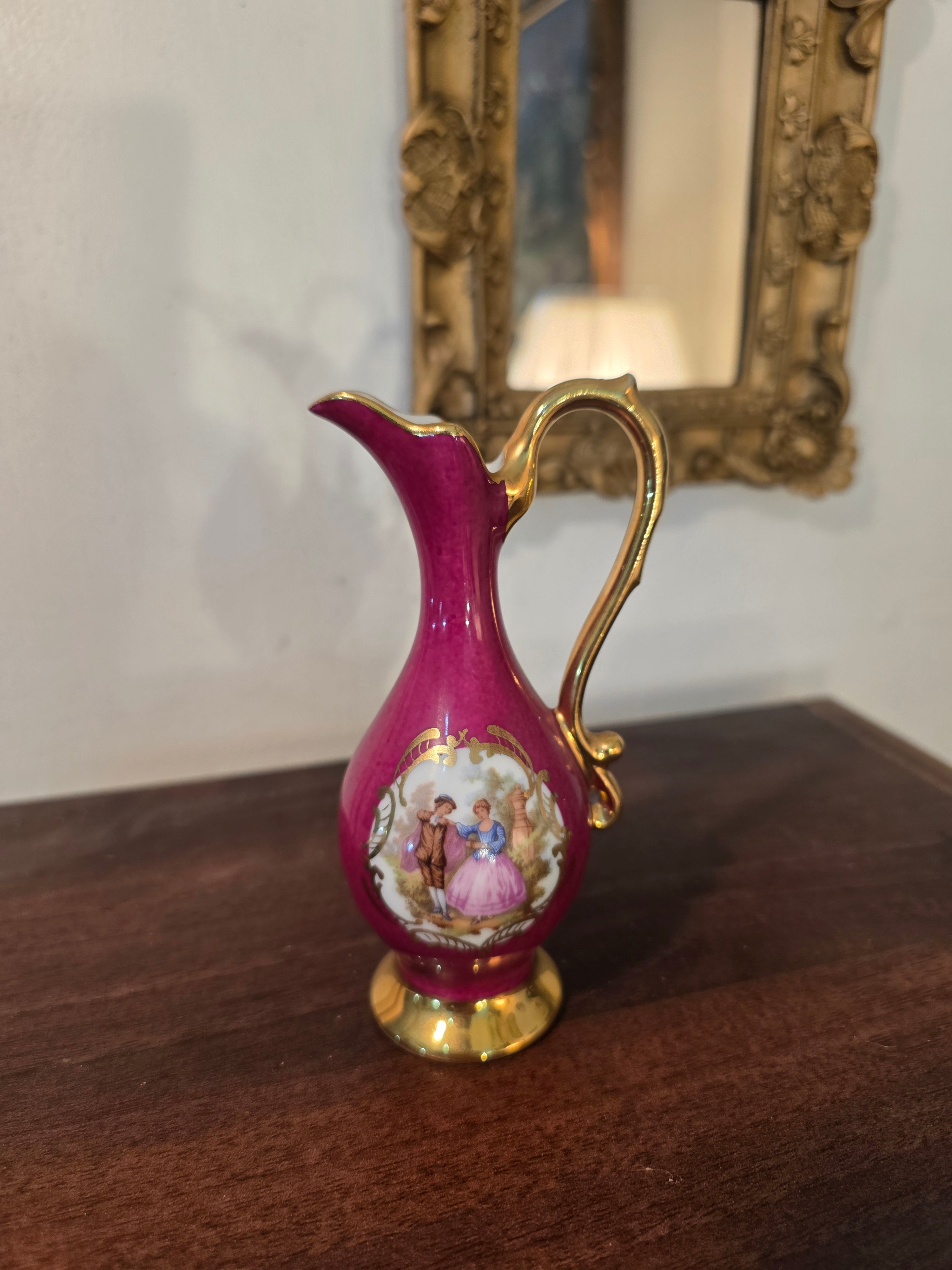 Vintage Limoges France Hand-Painted Mini Ewer – Burgundy & Gold Romance Scene