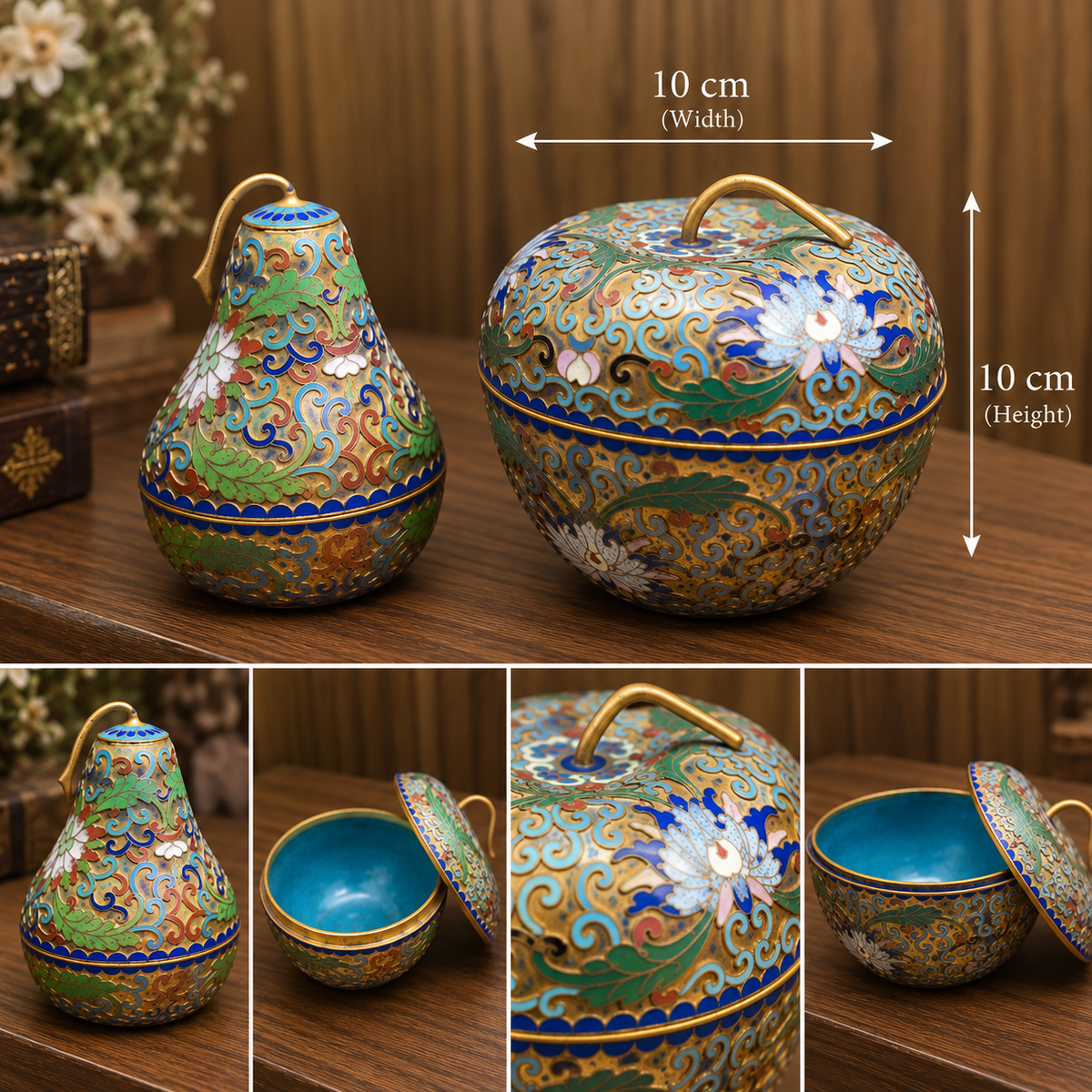 Vintage Chinese Cloisonné Apple & Pear Lidded Trinket Boxes (Set of 2)