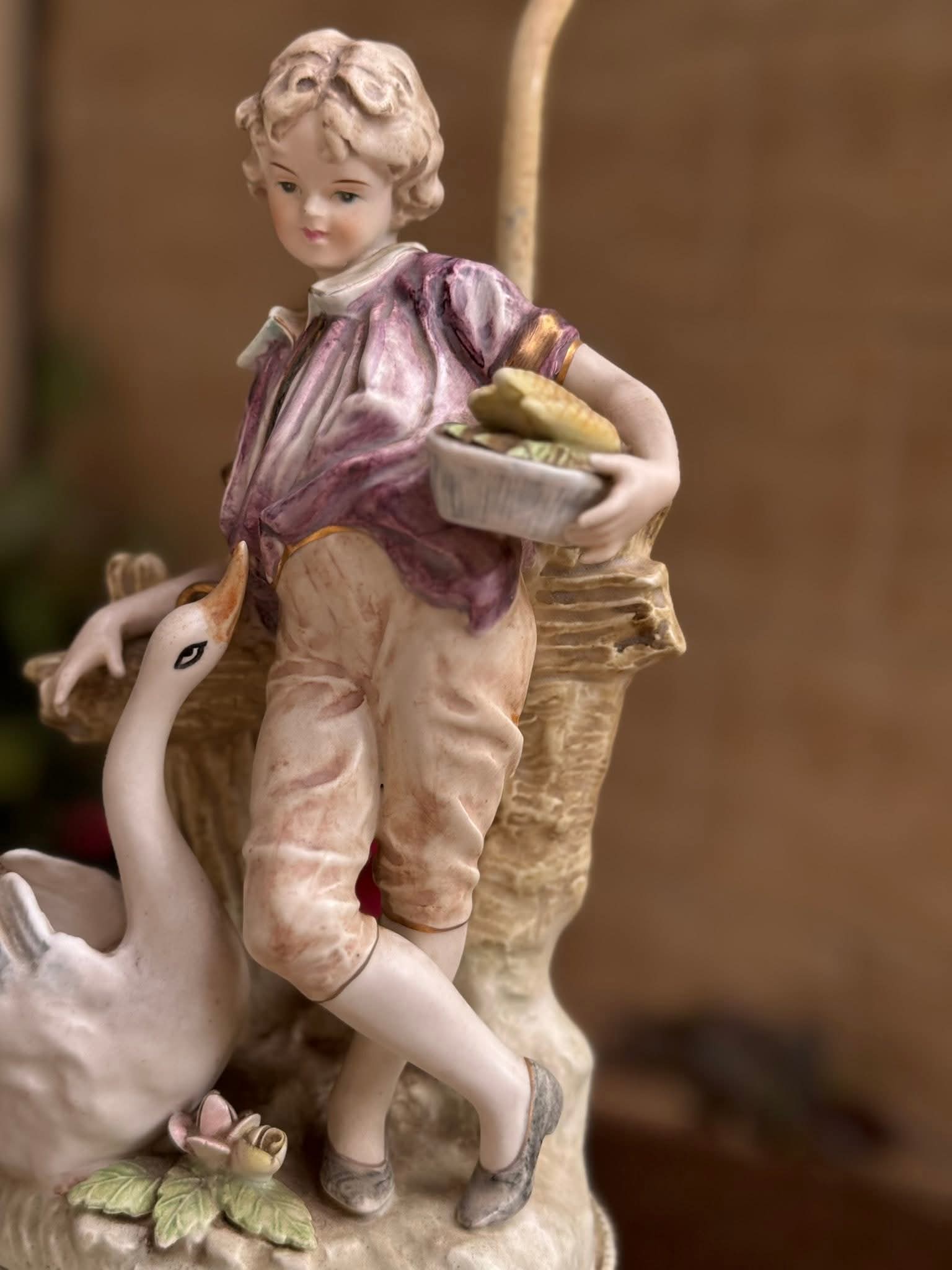 European Vintage decorative porcelain lamp base (boy with goose)