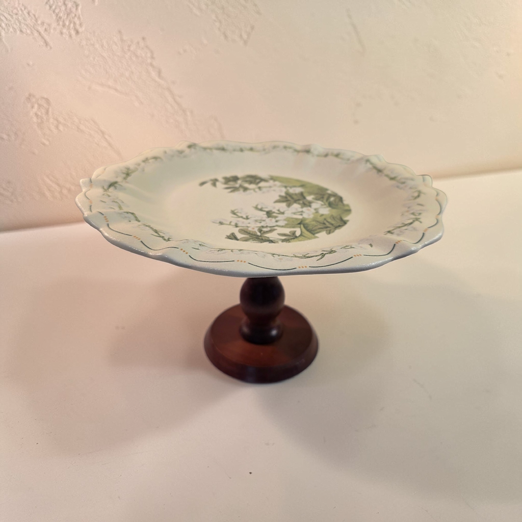 Vintage Floral Pedestal Serving Plate - Mint green