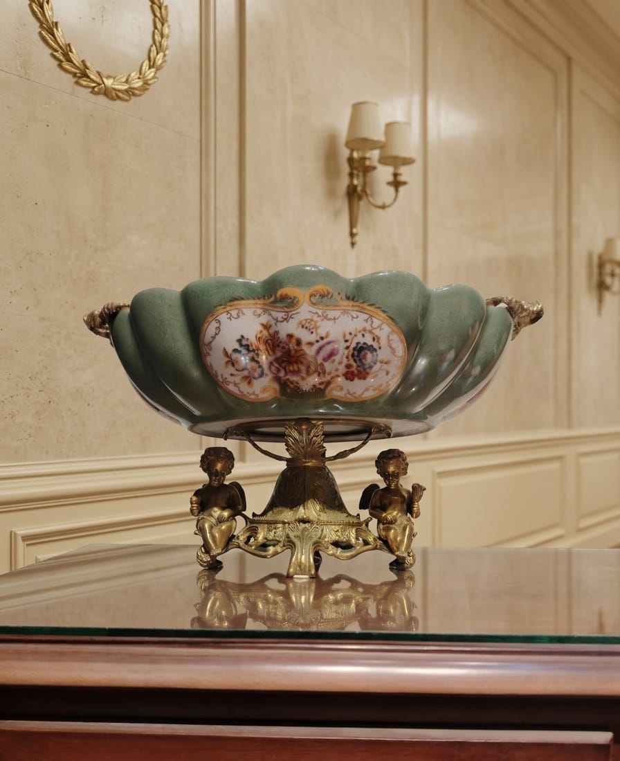 Château Paris Sèvres Style Centerpiece with Bronze Cherub Base