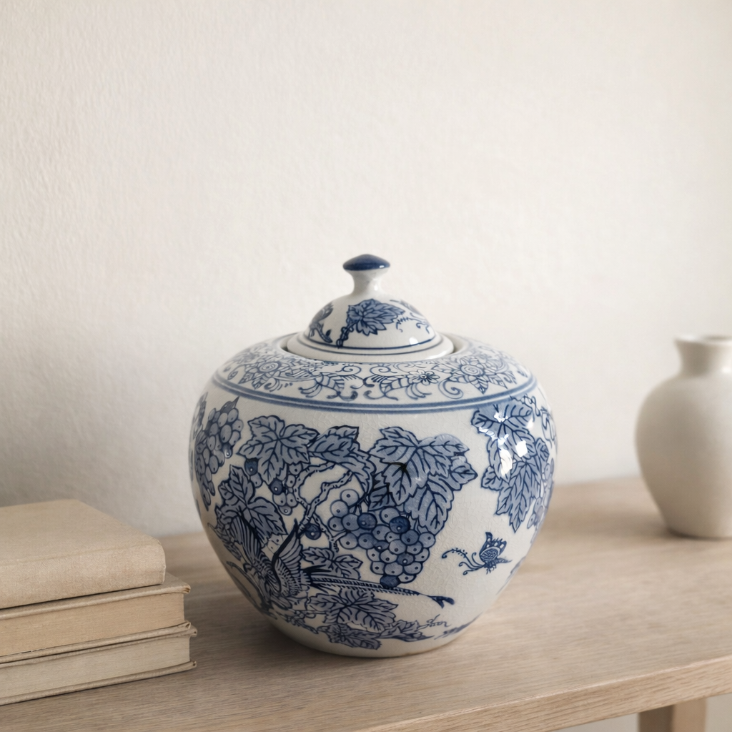 Bleu Blanc Porcelain Lidded Jar – Vineyard Motif