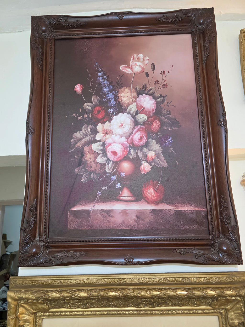 Classic Floral Still-Life Wall Art in Carved Wooden Frame