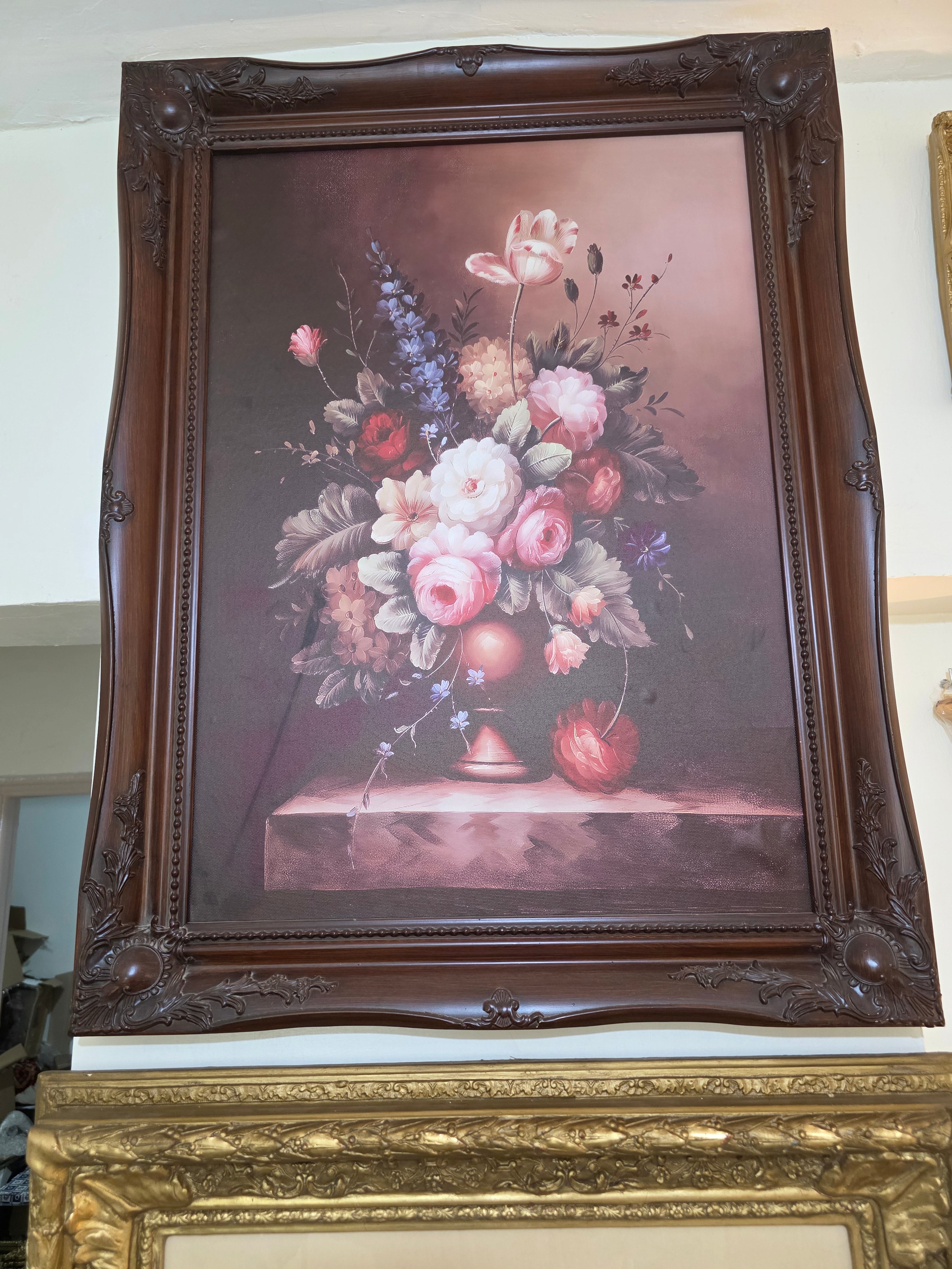 Classic Floral Still-Life Wall Art in Carved Wooden Frame