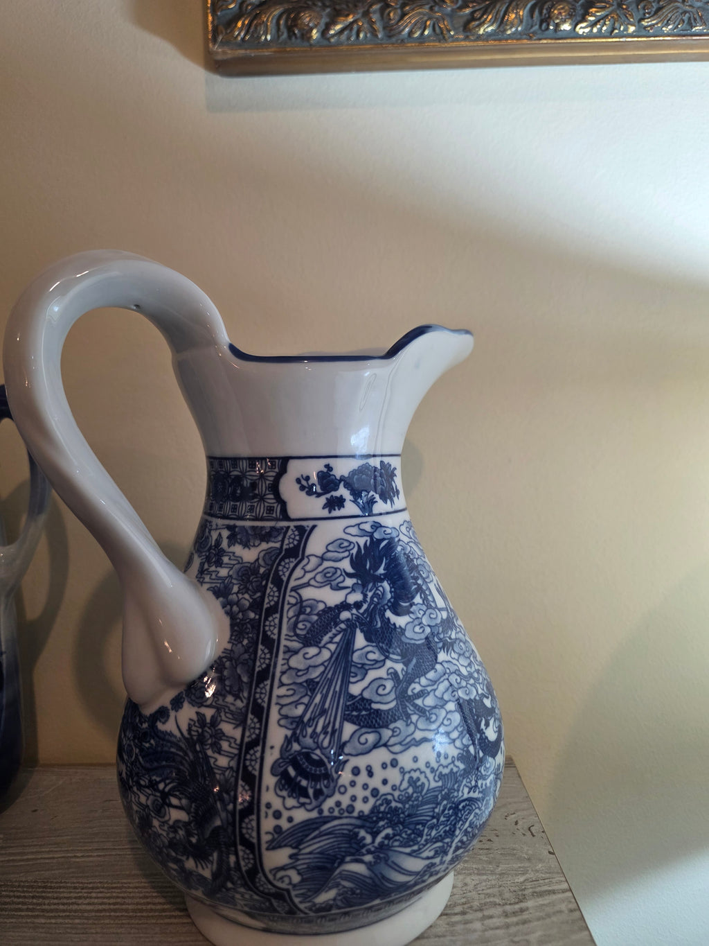 Vintage Chinoiserie Ceramic Water Jug Centerpiece – Blue & White Winged Dragon Motif with Scalloped Spout
