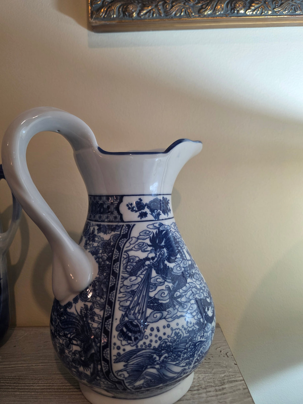 Vintage Chinoiserie Ceramic Water Jug Centerpiece – Blue & White Winged Dragon Motif with Scalloped Spout